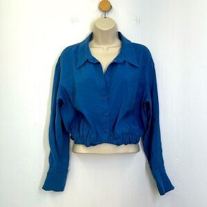 Zara - Blue Silky Polyester Button Down Elastic long Sleeve Shirt Size Small
